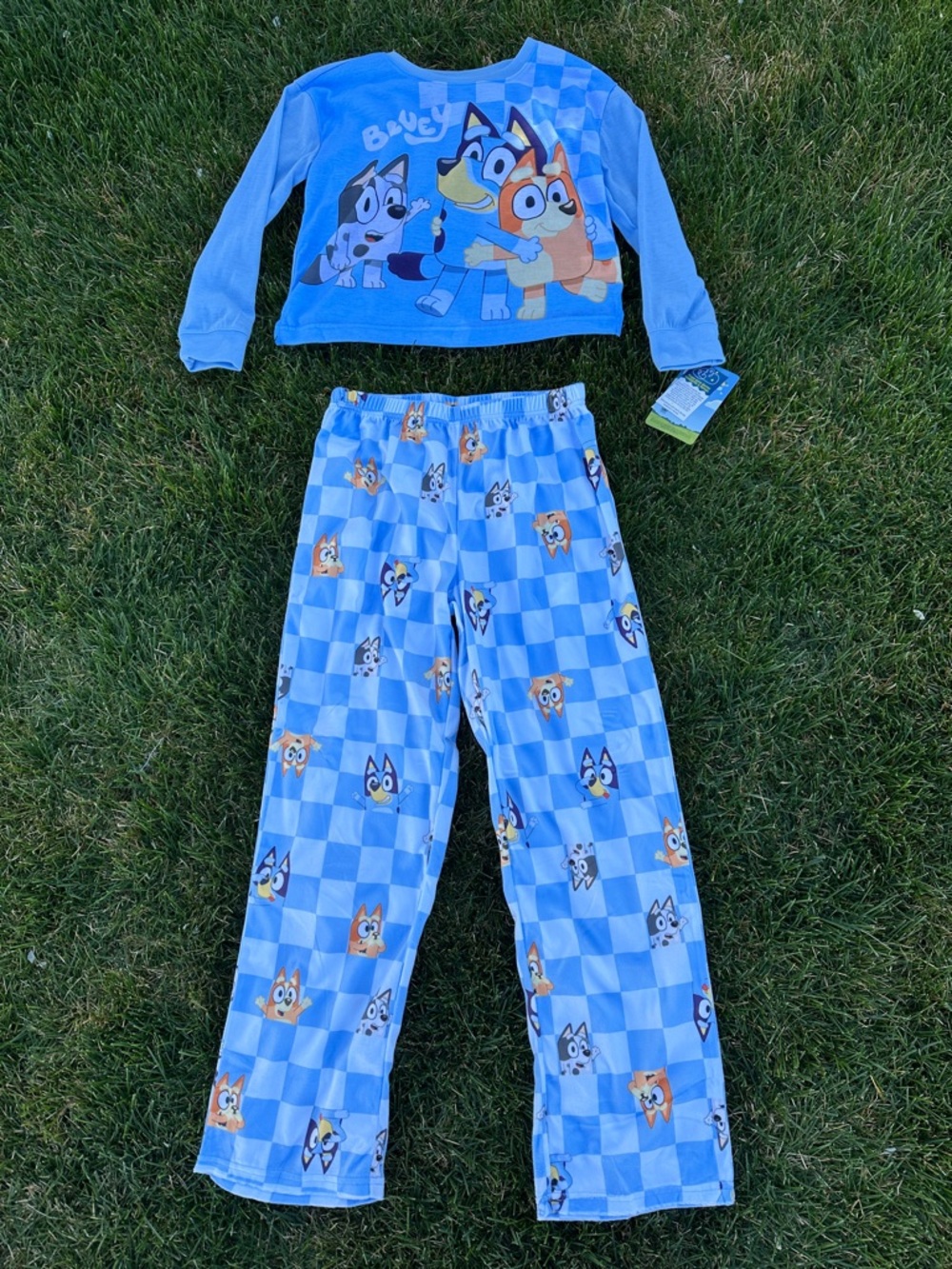 Blue Cartoon Checkered Kids Pajama Set for girls
